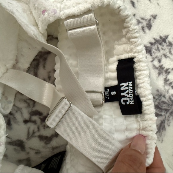 Made in NYC Sequin Mesh Crop Top Blue Y2K Stretch Smocked - Picture 5 of 8